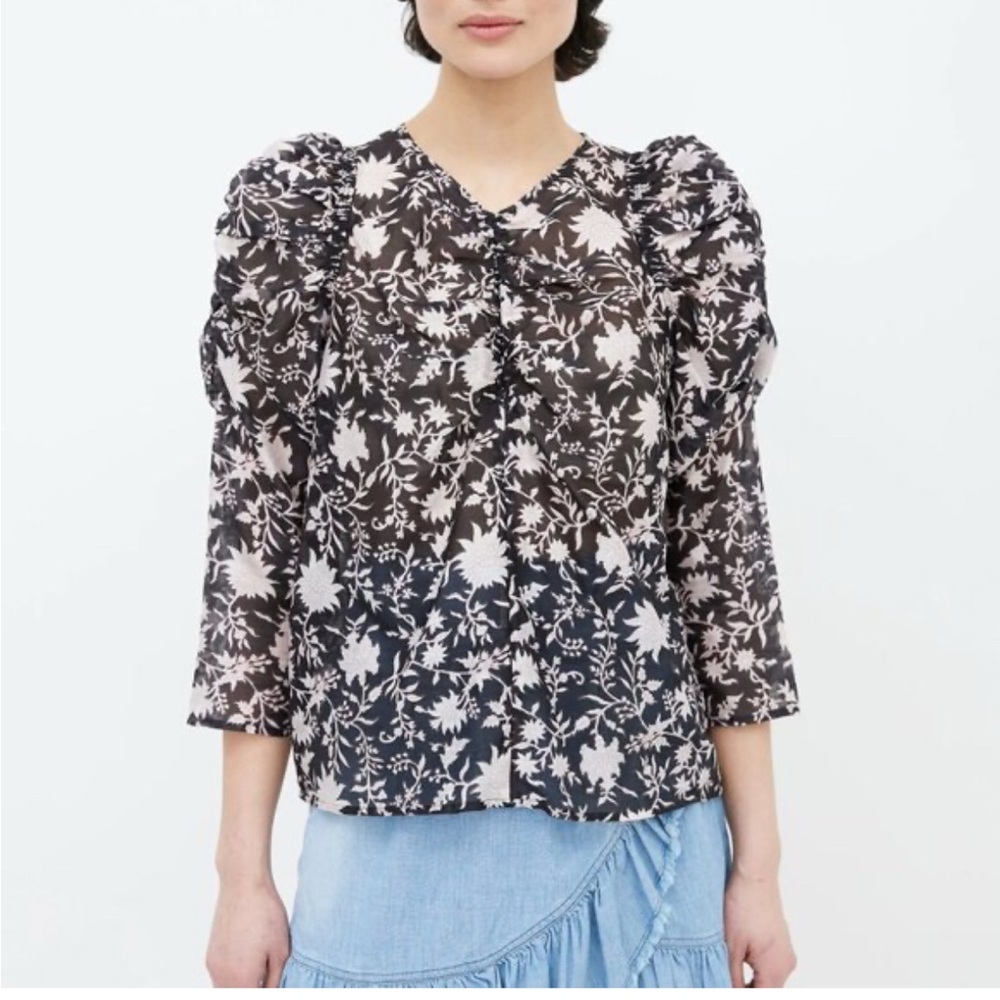 Ulla Johnson Posey Black Floral Long Sleeve Blouse Shirt Top Cottagecore Prairie